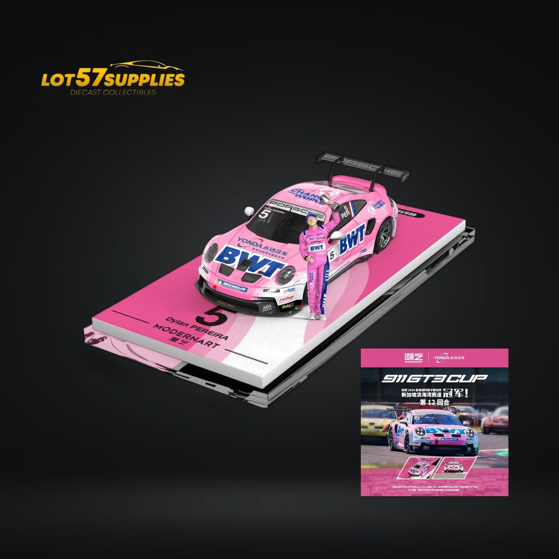 Detailed view of the Lot57Supplies Diecast Porsche 911 GT3 Cup in BWT Pink livery with figure, 1:64 scale model.