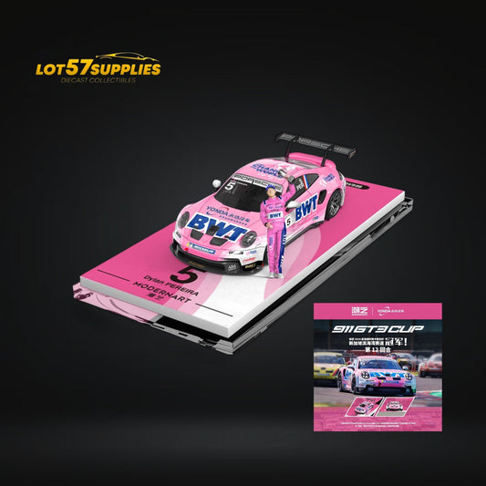 Detailed view of the Lot57Supplies Diecast Porsche 911 GT3 Cup in BWT Pink livery with figure, 1:64 scale model.