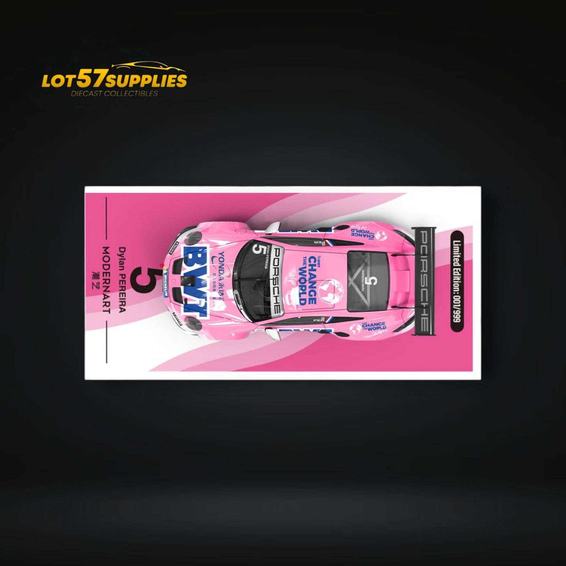 Diecast Porsche 911 GT3 Cup BWT Pink Livery model in 1:64 scale by Lot57Supplies Diecast Shop, detailed view of the racing car.