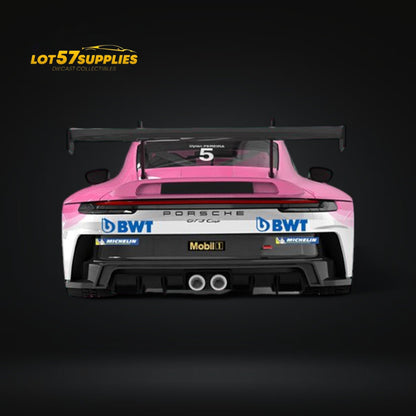 Diecast Porsche 911 GT3 Cup-Yonda BWT Pink livery model car with figure, 1:64 scale, from Lot57Supplies Diecast Shop.