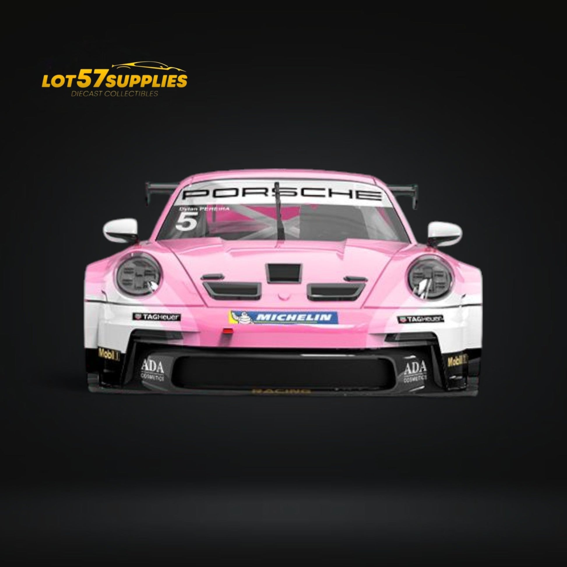 Diecast Porsche 911 GT3 Cup Yonda BWT Pink livery model car, 1:64 scale, with figure, by Lot57Supplies Diecast Shop