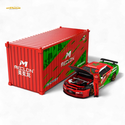 Nissan R34 GT-R diecast model from Lot57Supplies, featuring the TimeMicro & MECLON container set in 1:64 scale.