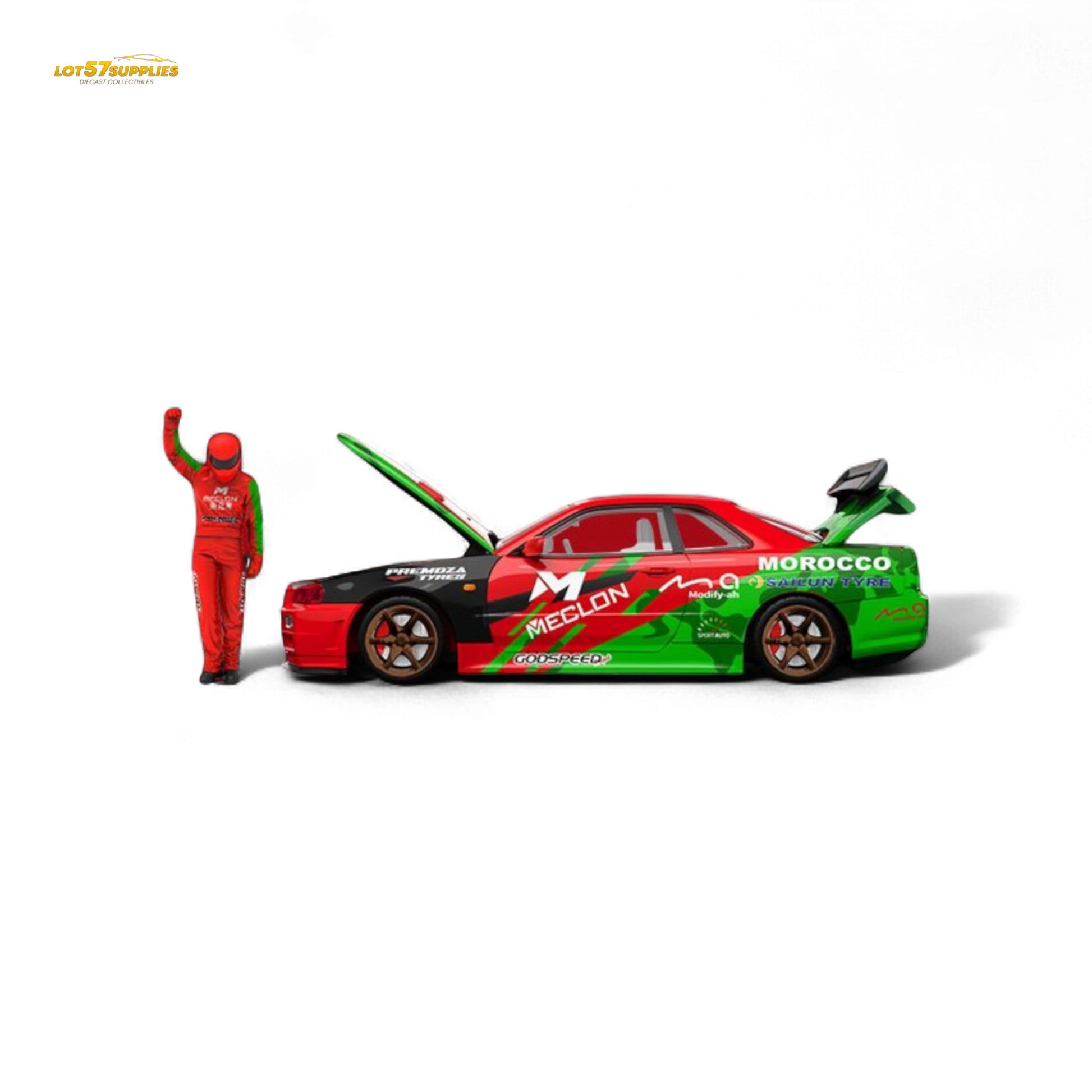 Nissan GT-R R34 diecast model by Lot57Supplies, TimeMicro & MECLON, detailed 1:64 scale collectible figure.