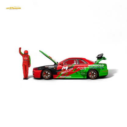Nissan GT-R R34 diecast model by Lot57Supplies, TimeMicro & MECLON, detailed 1:64 scale collectible figure.