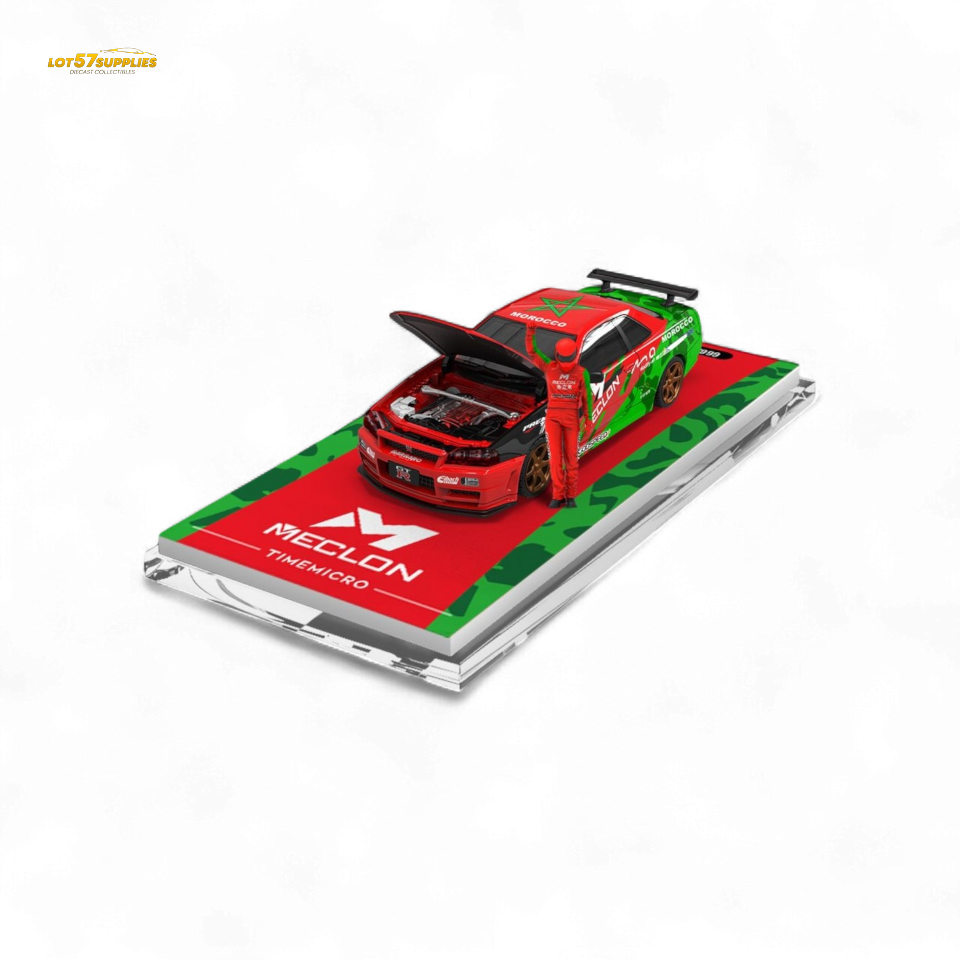 Nissan MECLON GT-R R34 diecast figure in 1:64 scale, detailed model from Lot57Supplies Diecast Shop, shown on display.