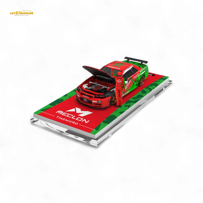 Nissan TimeMicro & MECLON GT-R R34 diecast container set in 1:64 scale, featuring detailed Nissan R34 model and accessories.