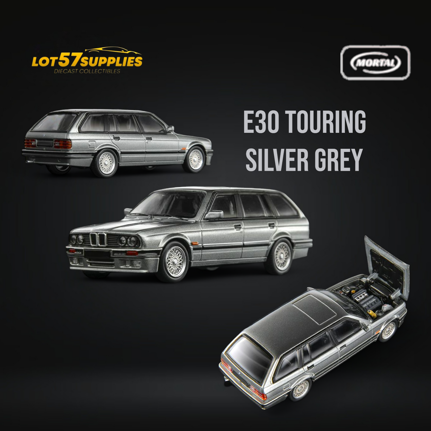 Silver grey BMW E30 Touring Wagon diecast model by Lot57Supplies, 1:64 scale, detailed miniature vehicle for collectors.