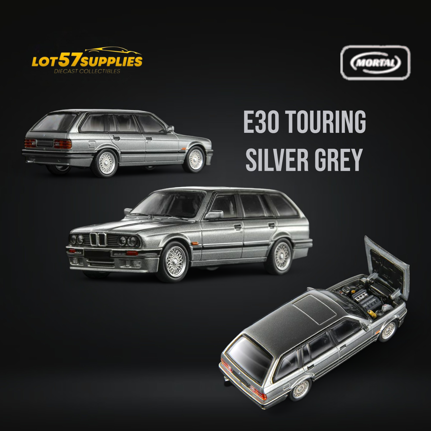 Silver grey BMW E30 Touring Wagon diecast model by Lot57Supplies, 1:64 scale, detailed miniature vehicle for collectors.