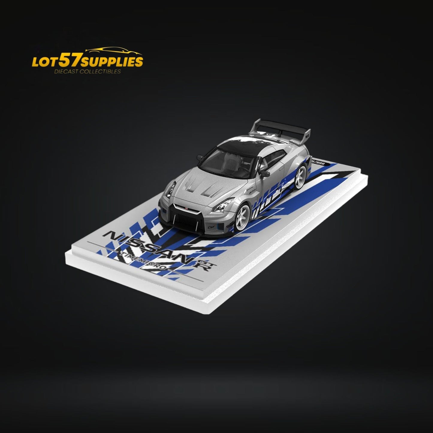 Silver blue Nissan Skyline GT-R R35 diecast model in 1:64 scale by Lot57Supplies, detailed view of the mini car.