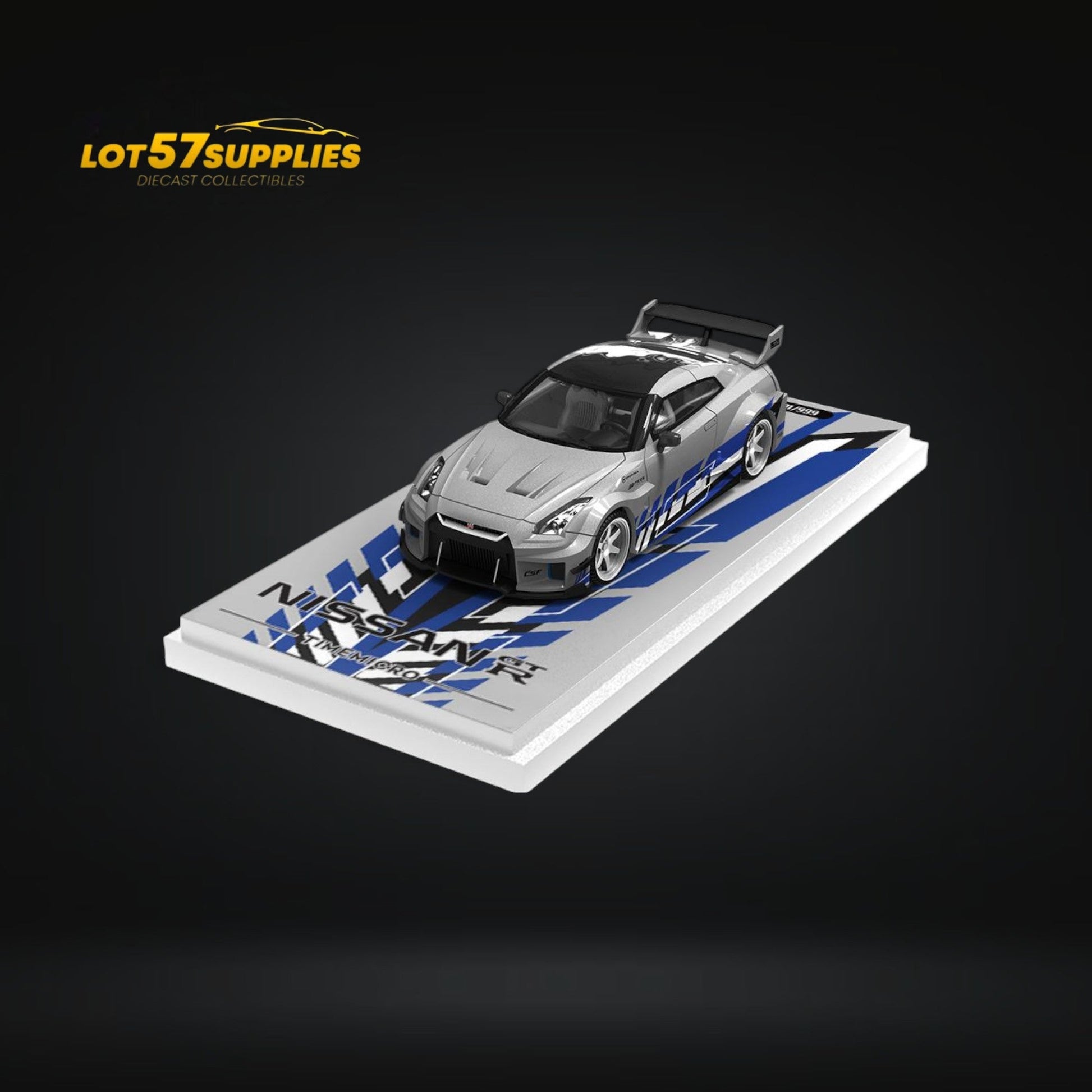 Silver blue Nissan Skyline GT-R R35 diecast model in 1:64 scale by Lot57Supplies, detailed view of the mini car.