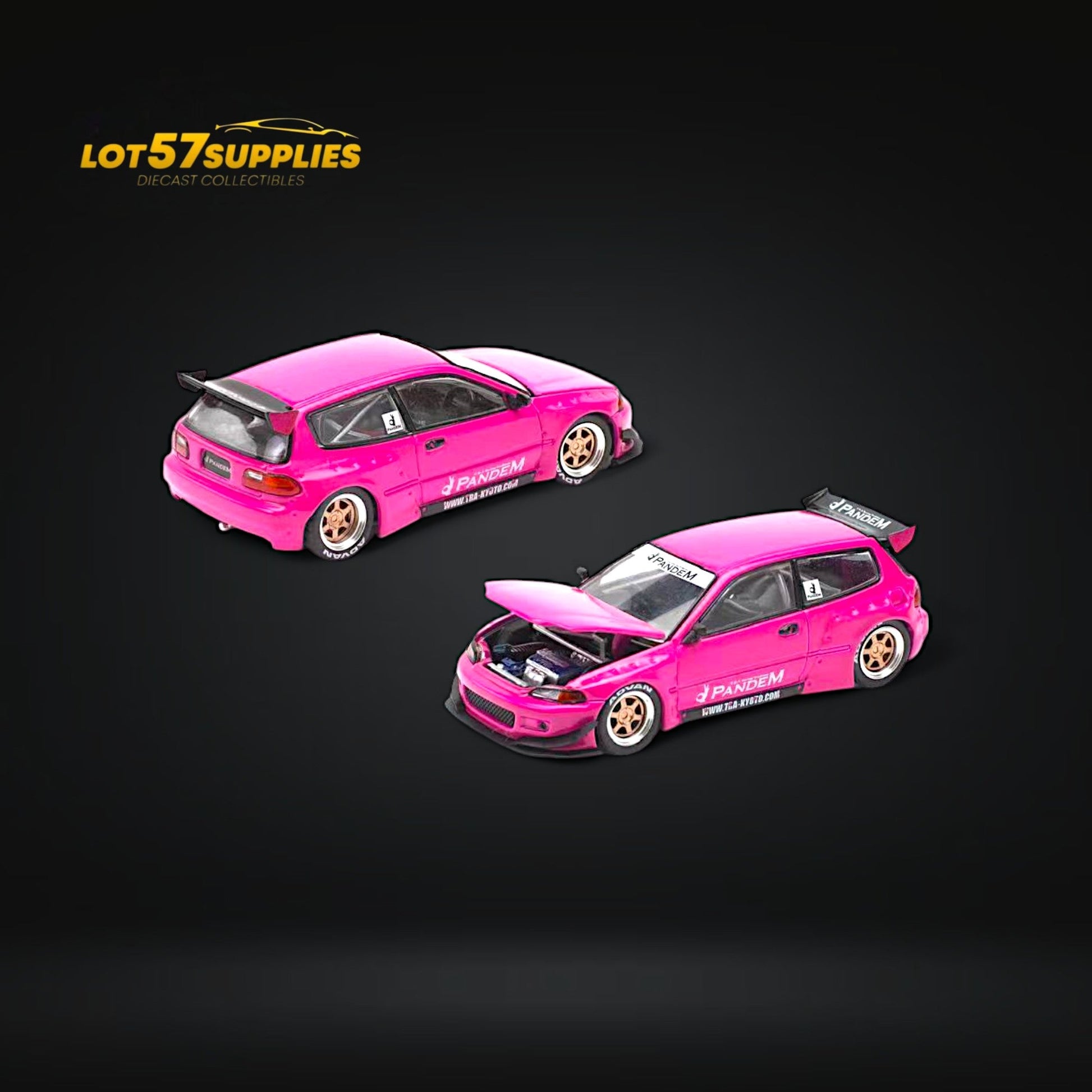 Pink 1:64 scale Honda Civic EG6 diecast model with Pandem Rocket Bunny body kit, detailed collectible from Lot57Supplies Diecast Shop