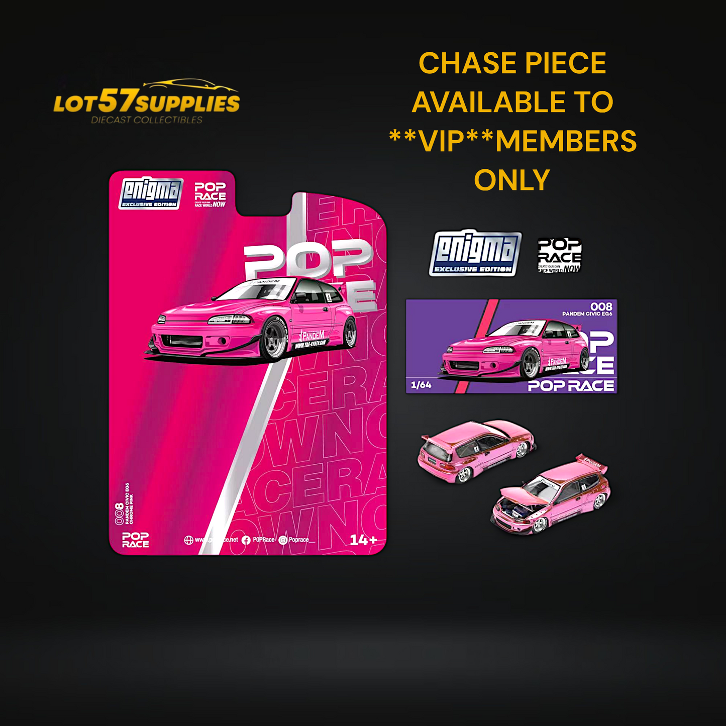 Pink Honda Pop Race Civic EG6 diecast model by Lot57Supplies, featuring Pandem Rocket Bunny design, 1:64 scale.
