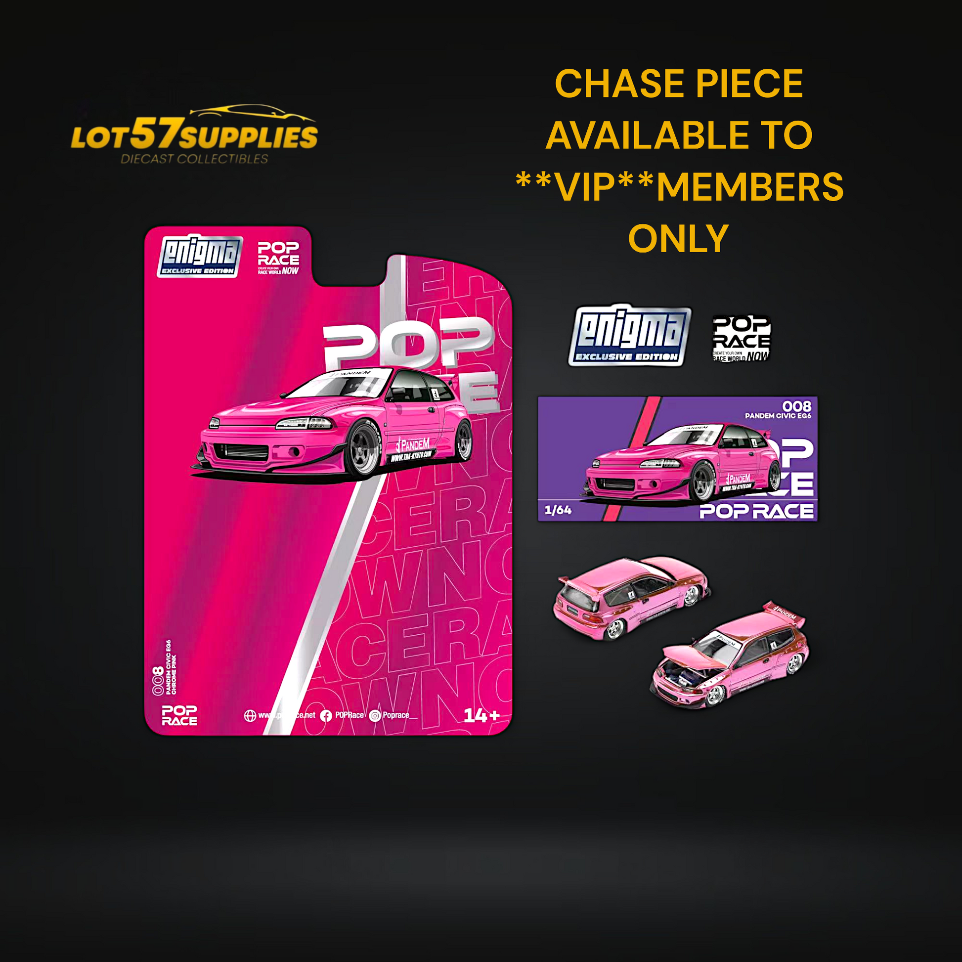 Pink Honda Pop Race Civic EG6 diecast model by Lot57Supplies, featuring Pandem Rocket Bunny design, 1:64 scale.