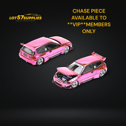 Pink Honda Pop Race Civic EG6 diecast car with Pandem Rocket Bunny body kit, 1:64 scale, detailed miniature model.