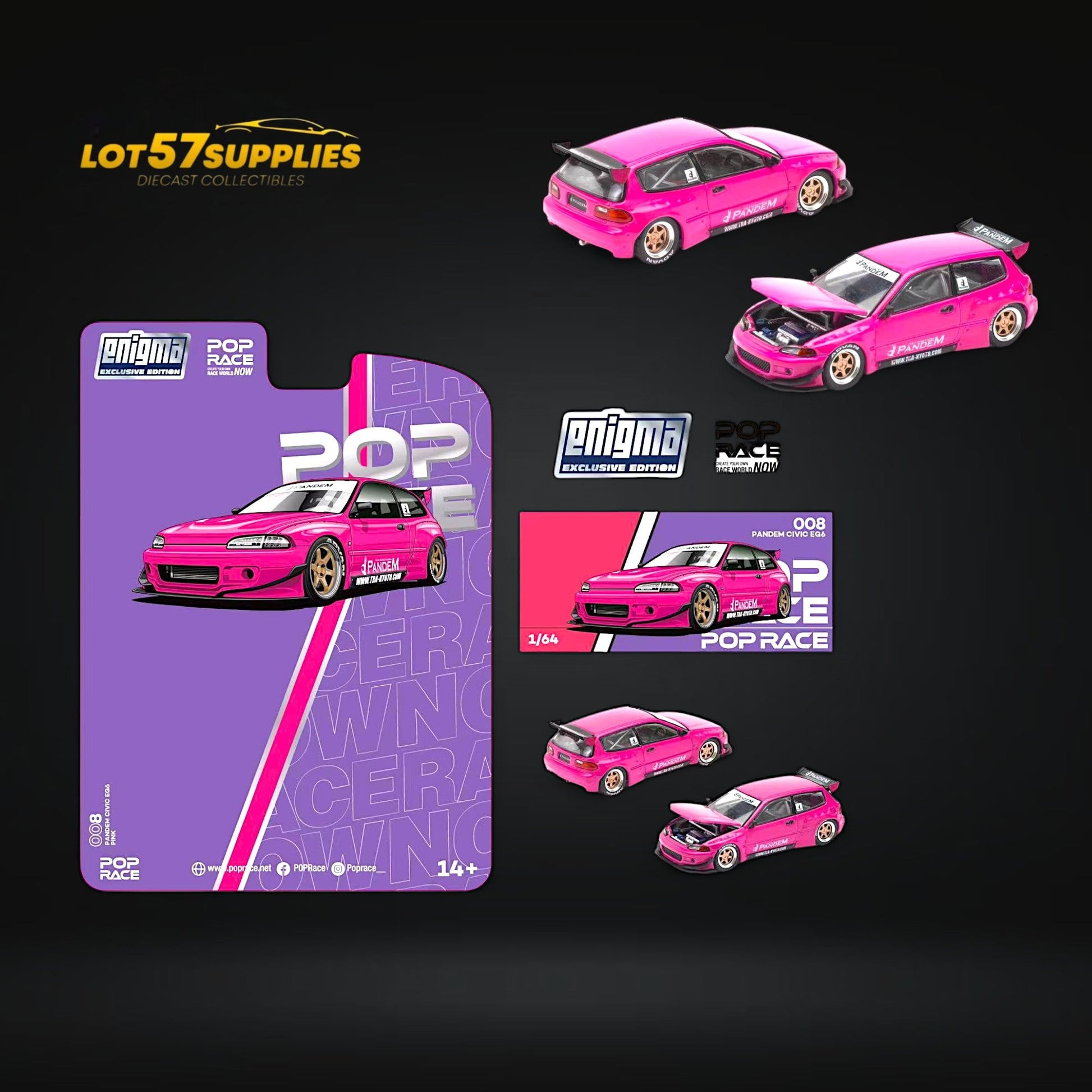 Pink 1:64 scale Honda Pop Race Civic EG6 diecast model with Pandem Rocket Bunny kit, detailed miniature car, Lot57Supplies Diecast Shop