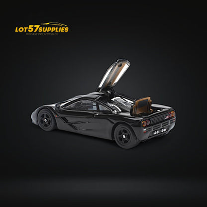 Black McLaren F1 diecast model by Pop Race, 1:64 scale, featuring detailed design and sleek jet black finish.