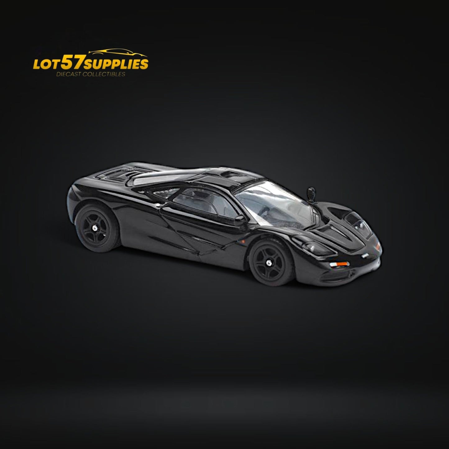Black McLaren F1 diecast model in 1:64 scale from Pop Race, detailed remote-controlled car, showcasing sleek design and realistic features.