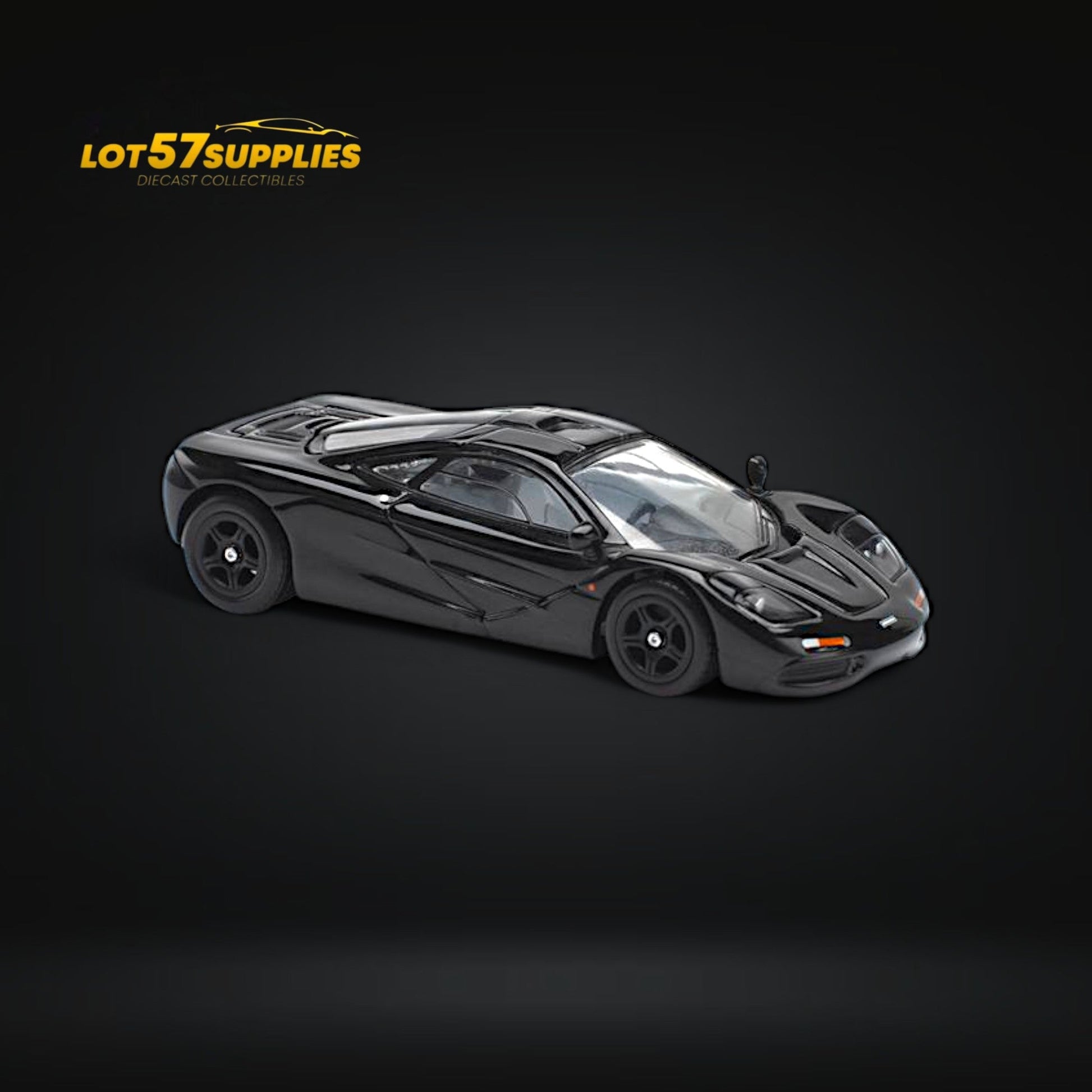 Black McLaren F1 diecast model in 1:64 scale from Pop Race, detailed remote-controlled car, showcasing sleek design and realistic features.