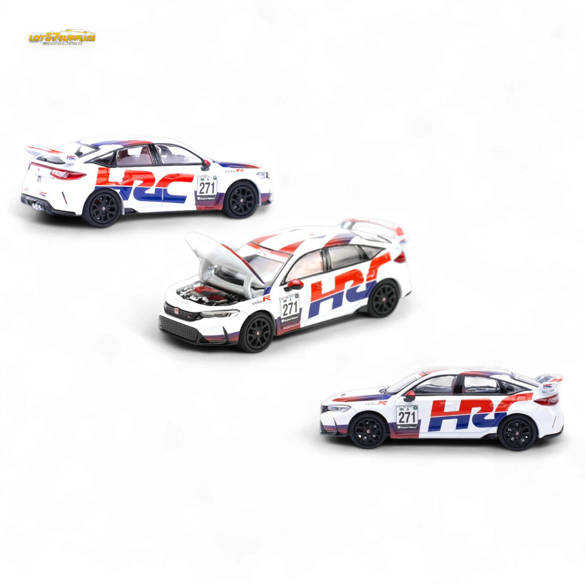 Diecast Honda Civic FL5 Type-R TCR HRC Livery 1:64 model car, detailed Honda race car with vibrant racing livery.