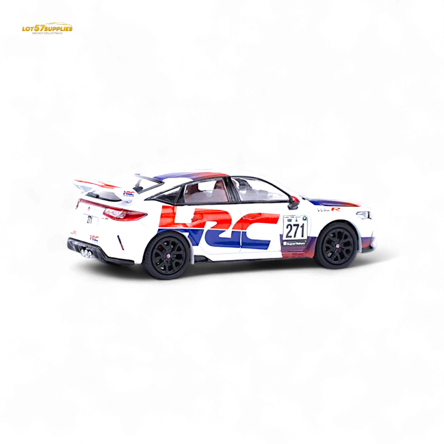 Diecast Honda Civic FL5 Type-R TCR HRC livery 1:64 scale model by Lot57Supplies Diecast Shop, showcasing detailed racing car design.