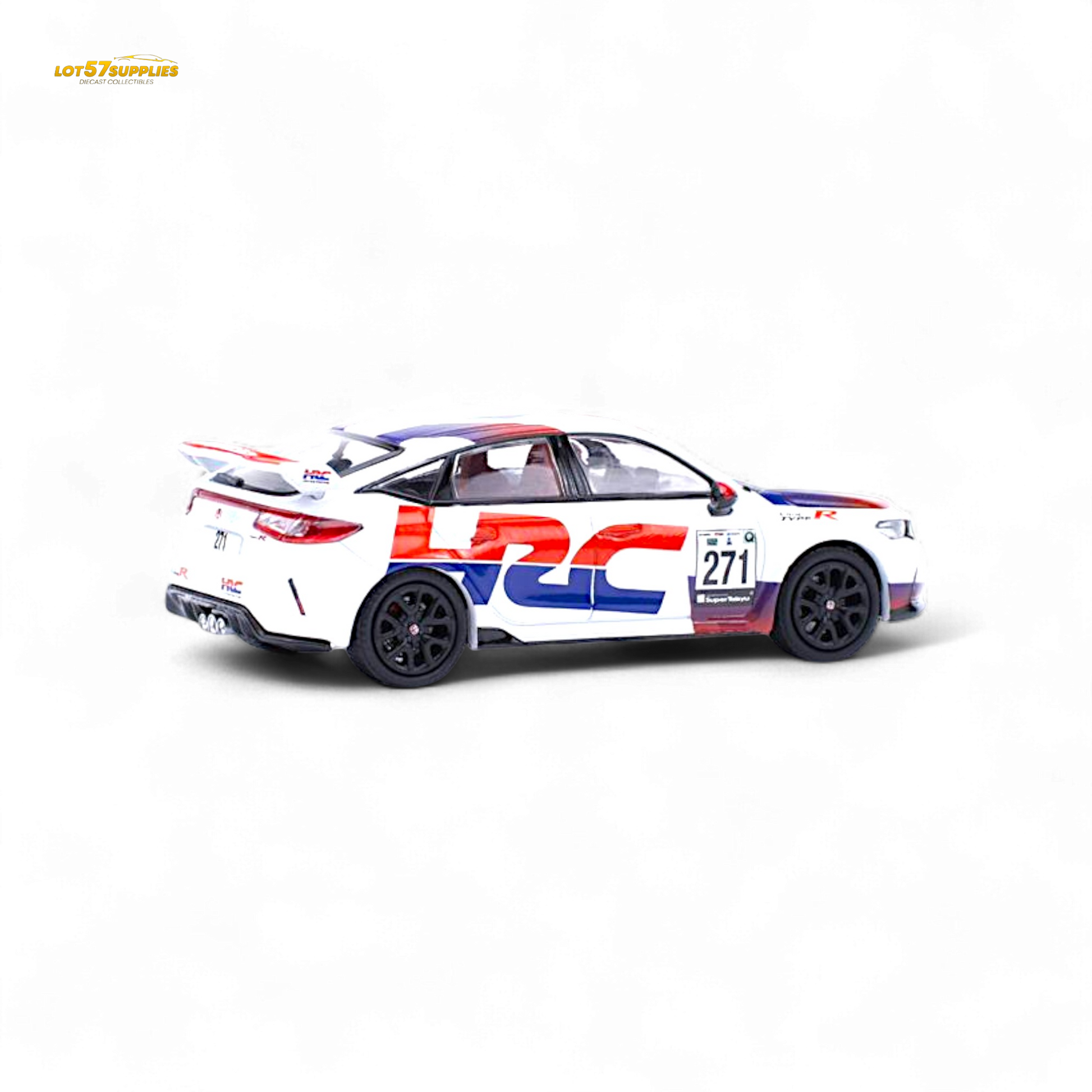 Diecast Honda Civic FL5 Type-R TCR HRC livery 1:64 scale model by Lot57Supplies Diecast Shop, showcasing detailed racing car design.