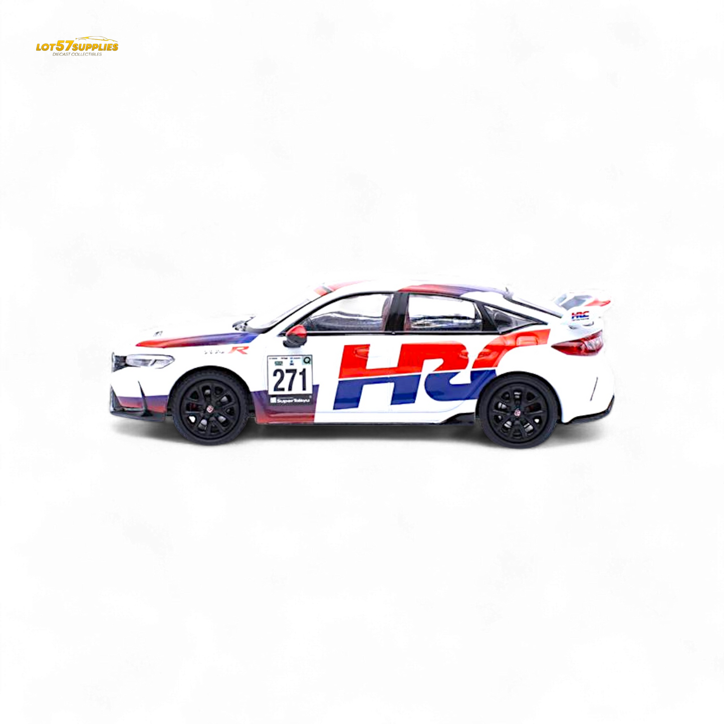Diecast Honda Civic FL5 Type-R TCR HRC livery 1:64 scale model by Lot57Supplies Diecast Shop, with detailed racing design.