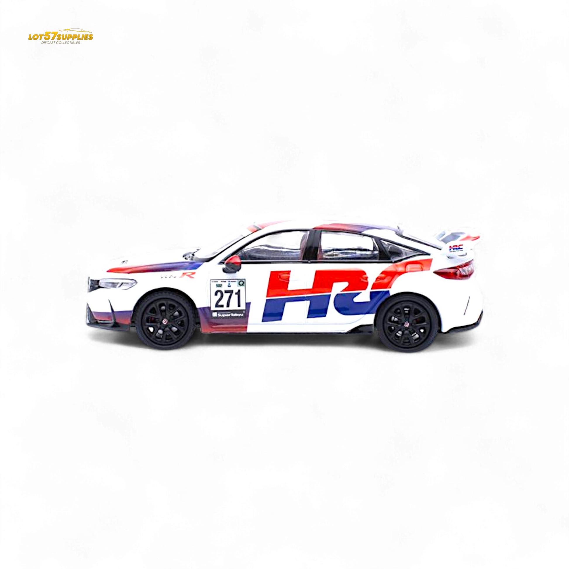 Diecast Honda Civic FL5 Type-R TCR HRC livery 1:64 scale model by Lot57Supplies Diecast Shop, with detailed racing design.