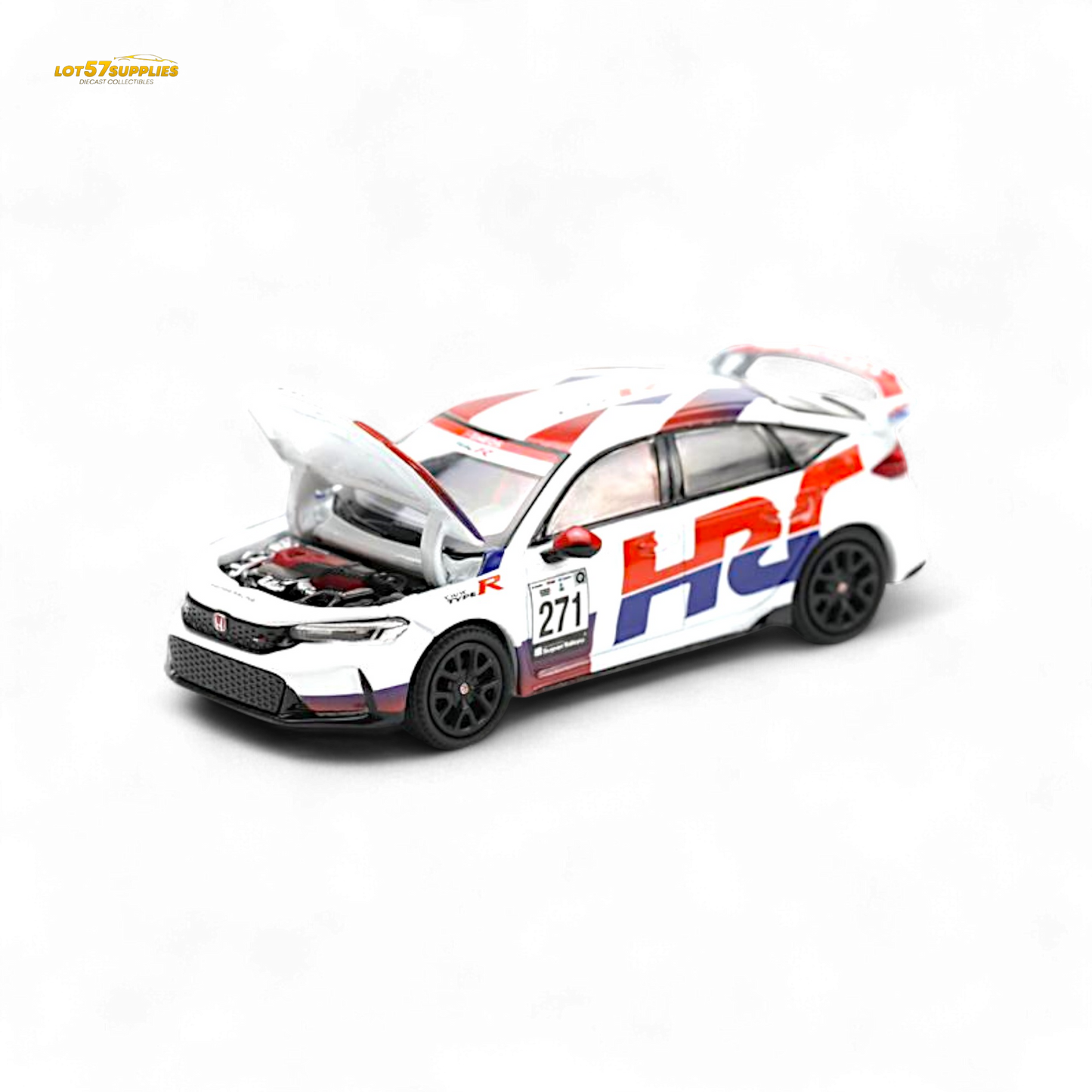 Diecast Honda Civic FL5 Type-R TCR race car with HRC livery in 1:64 scale, featuring detailed racing design and vibrant decals.