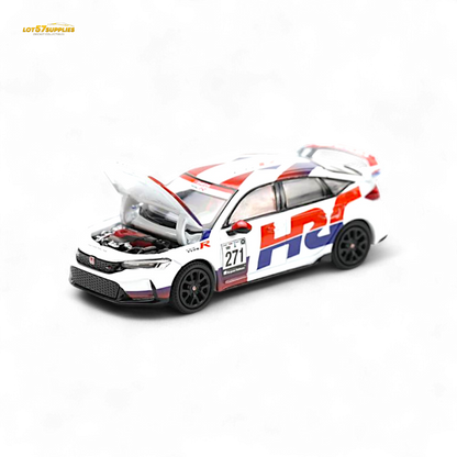 Diecast Honda Civic FL5 Type-R TCR race car with HRC livery in 1:64 scale, featuring detailed racing design and vibrant decals.
