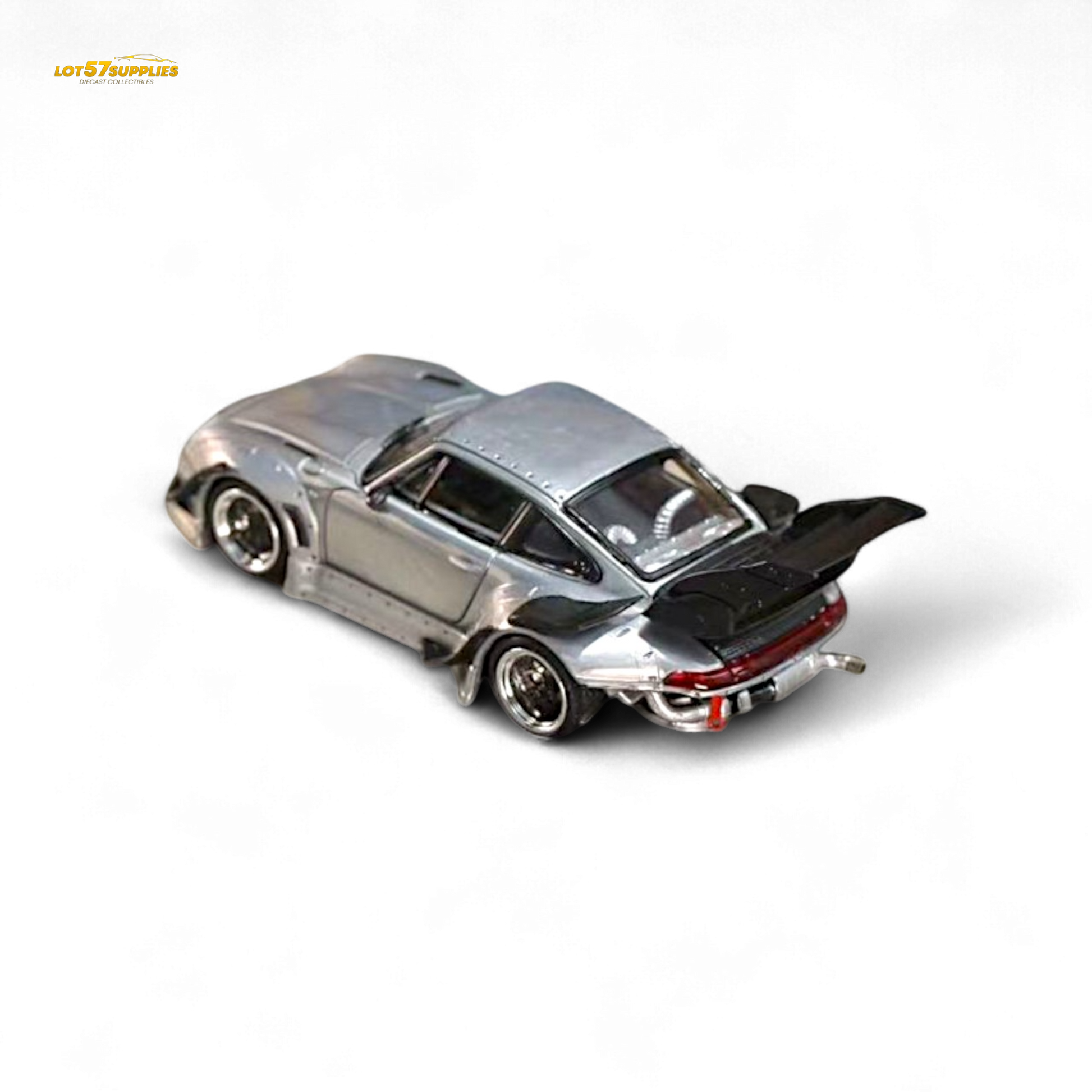 Diecast Porsche RWB 993 High Wing in raw varnish color, 1:64 scale, detailed model car by Lot57Supplies Diecast Shop.