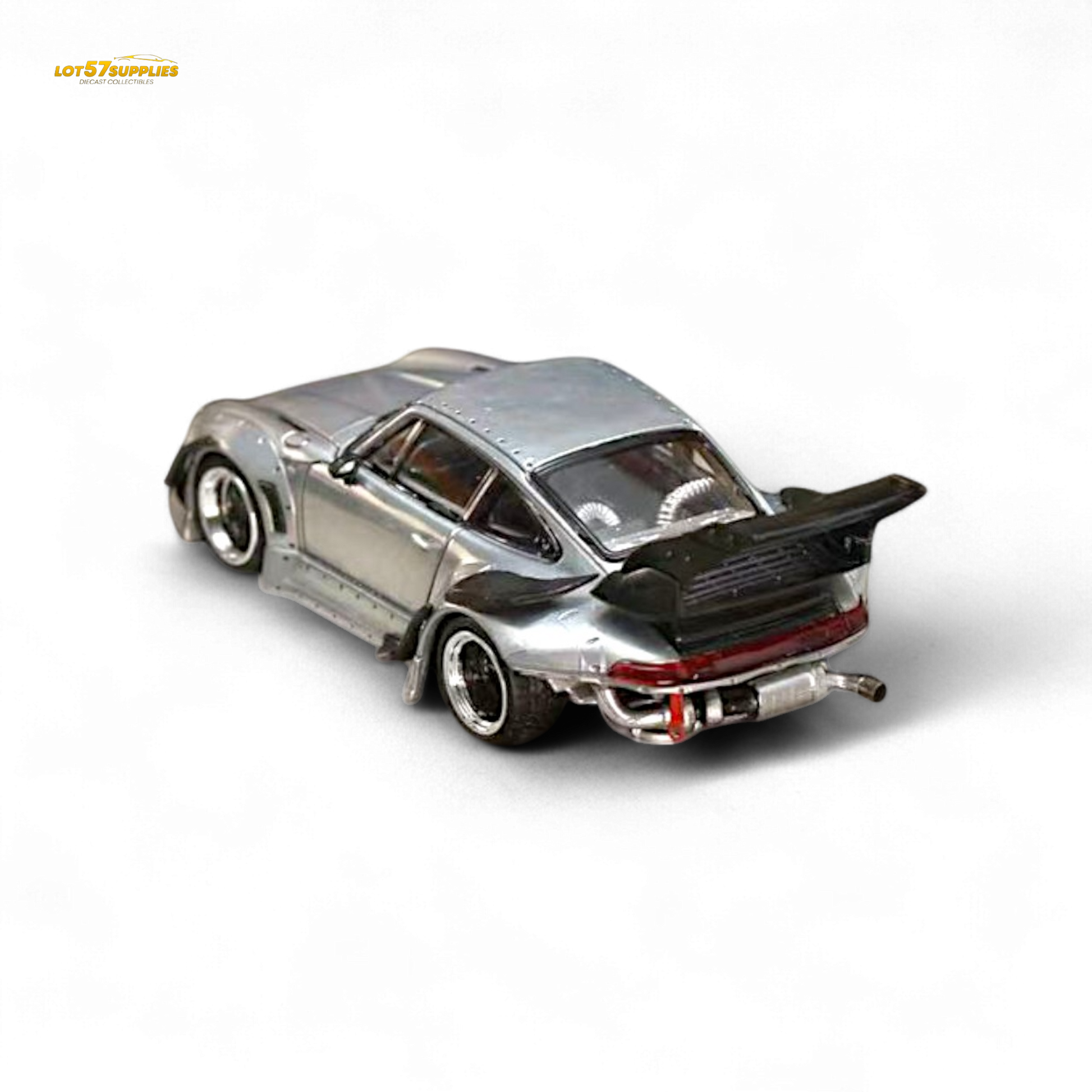Diecast Porsche RWB 993 street weapon model with raw varnish color and high wing, detailed 1:64 scale by Lot57Supplies.