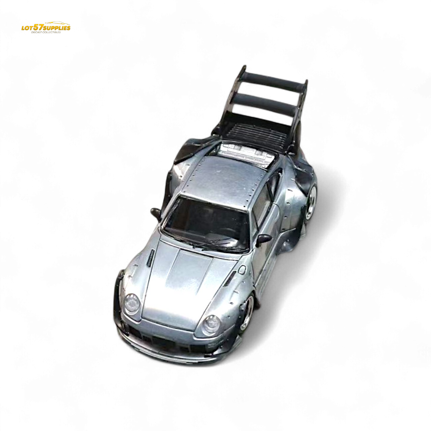 Diecast Porsche RWB 993 street weapon model in raw varnish color with high wing, 1:64 scale, from Lot57Supplies Diecast Shop.
