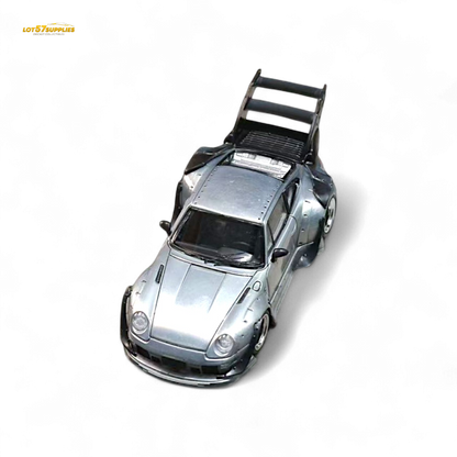 Diecast Porsche RWB 993 street weapon model in raw varnish color with high wing, 1:64 scale, from Lot57Supplies Diecast Shop.