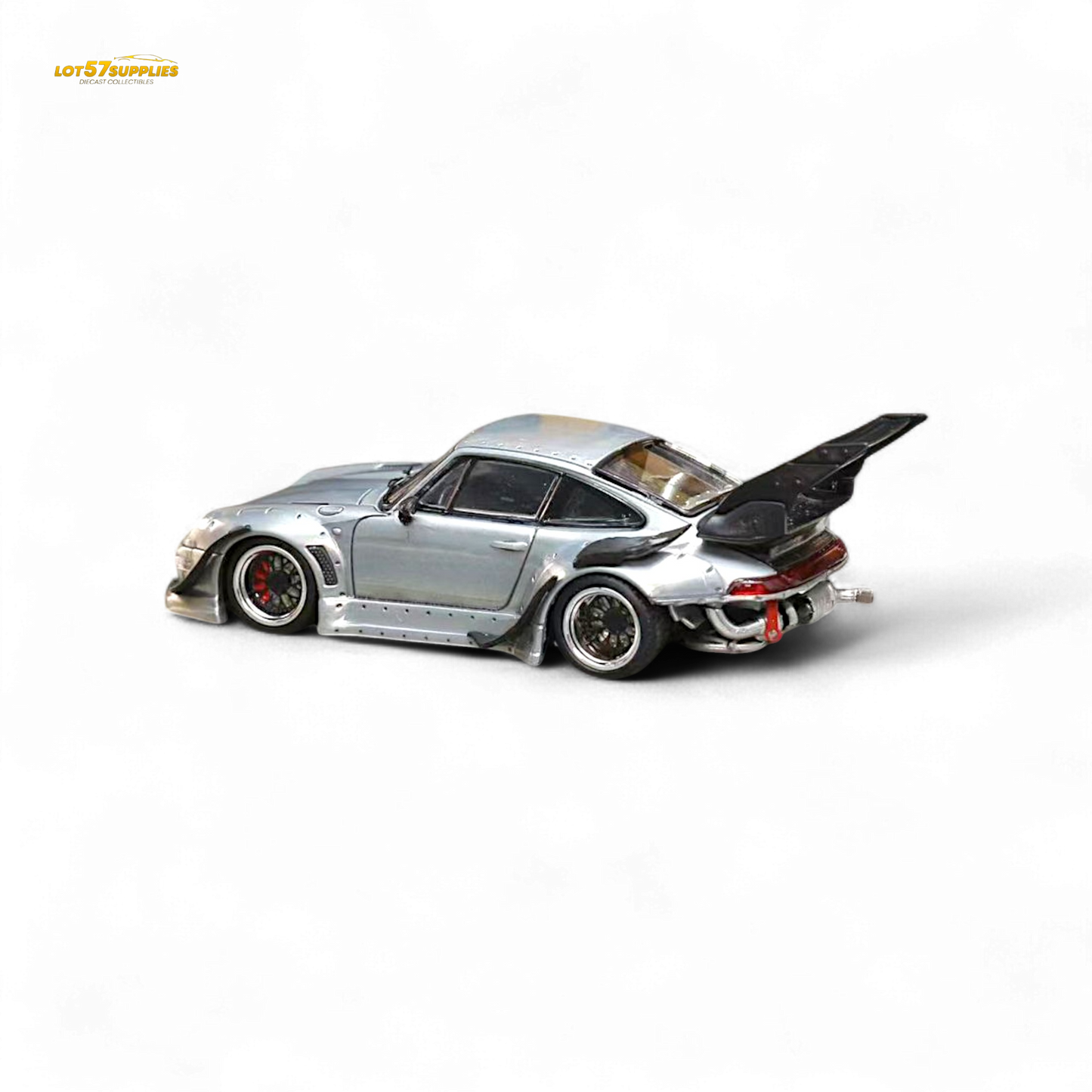 Detailed Porsche RWB 993 diecast model in raw varnish color with high wing, 1:64 scale from Lot57Supplies Diecast Shop.