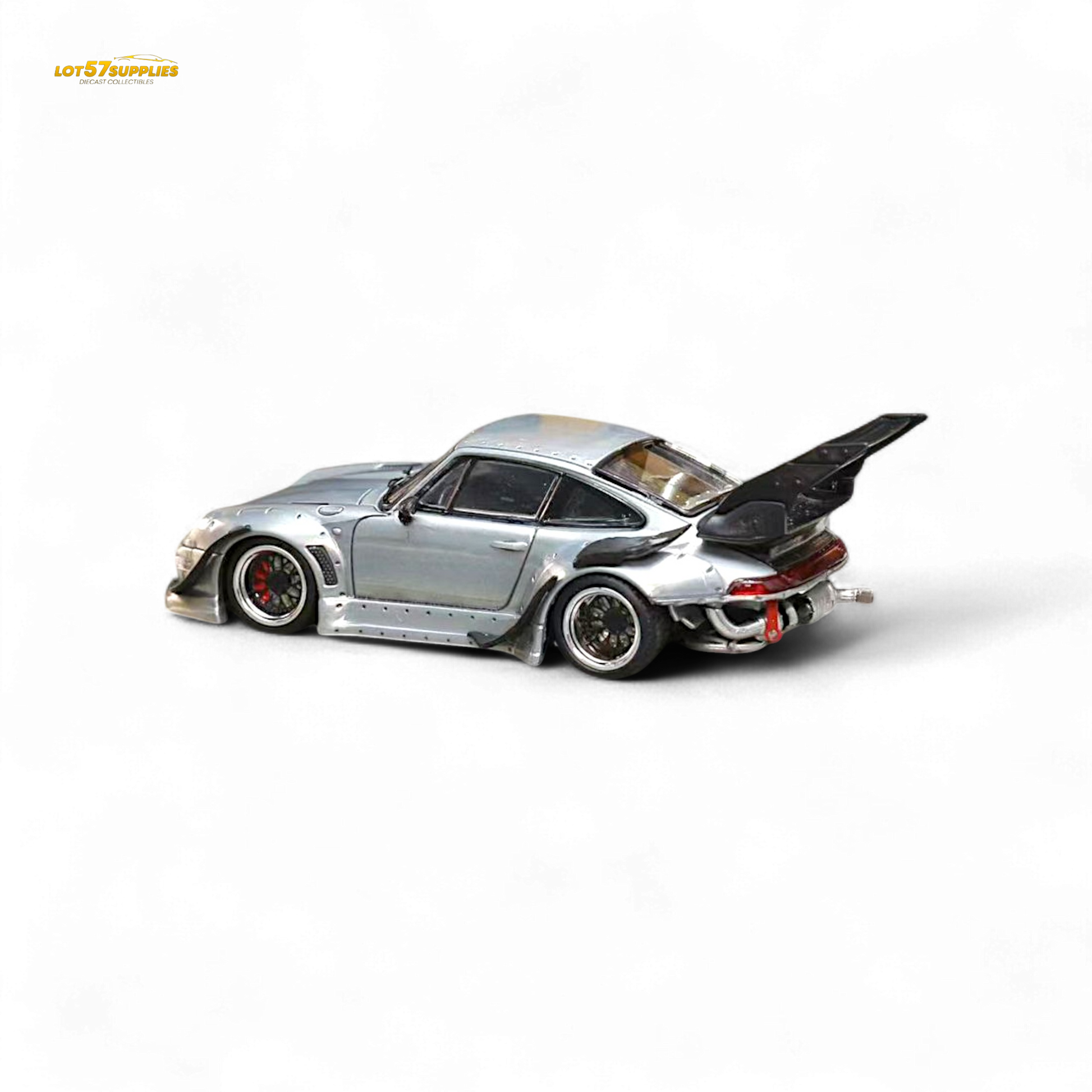 Detailed Porsche RWB 993 diecast model in raw varnish color with high wing, 1:64 scale from Lot57Supplies Diecast Shop.