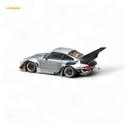 Detailed Porsche RWB 993 diecast model in raw varnish color with high wing, 1:64 scale from Lot57Supplies Diecast Shop.