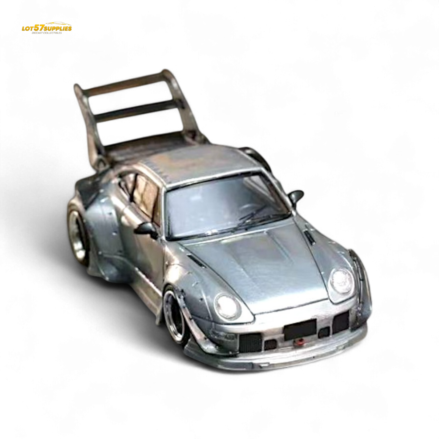 Diecast Porsche RWB 993 in raw varnish with high wing, detailed 1:64 scale model from Lot57Supplies Diecast Shop.