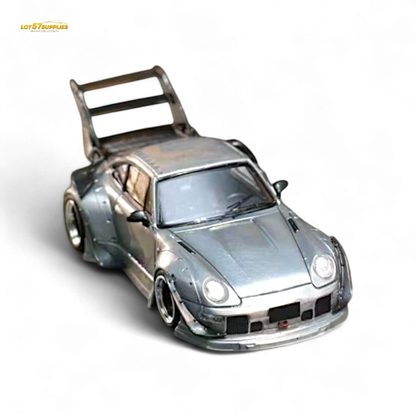 Diecast Porsche RWB 993 in raw varnish with high wing, detailed 1:64 scale model from Lot57Supplies Diecast Shop.