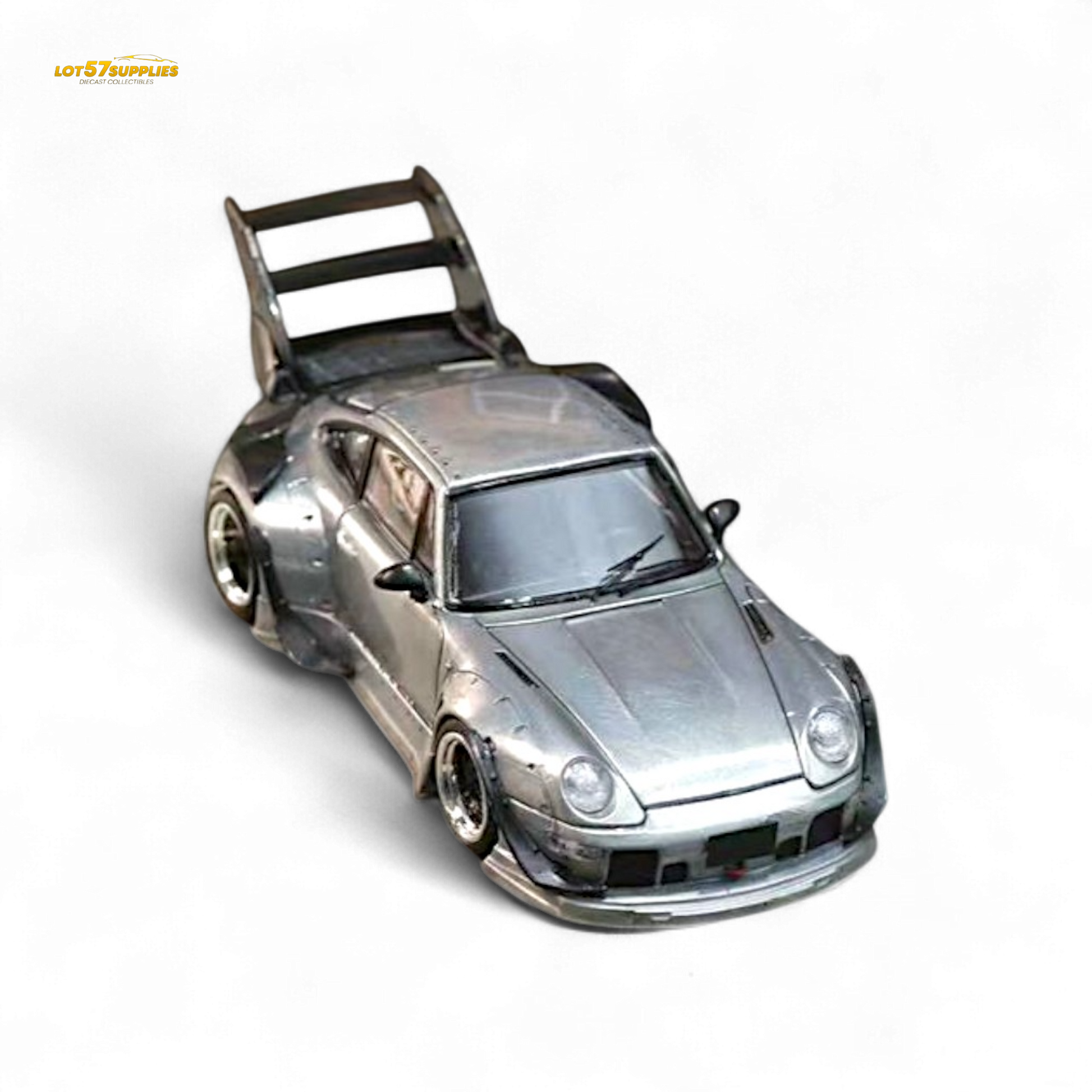 Diecast Porsche RWB 993 street weapon model in raw varnish color with high wing, 1:64 scale, by Lot57Supplies Diecast Shop.