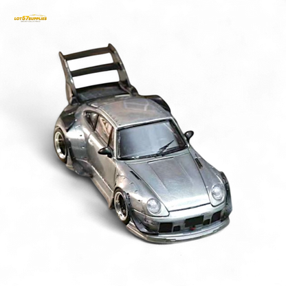 Diecast Porsche RWB 993 street weapon model in raw varnish color with high wing, 1:64 scale, by Lot57Supplies Diecast Shop.
