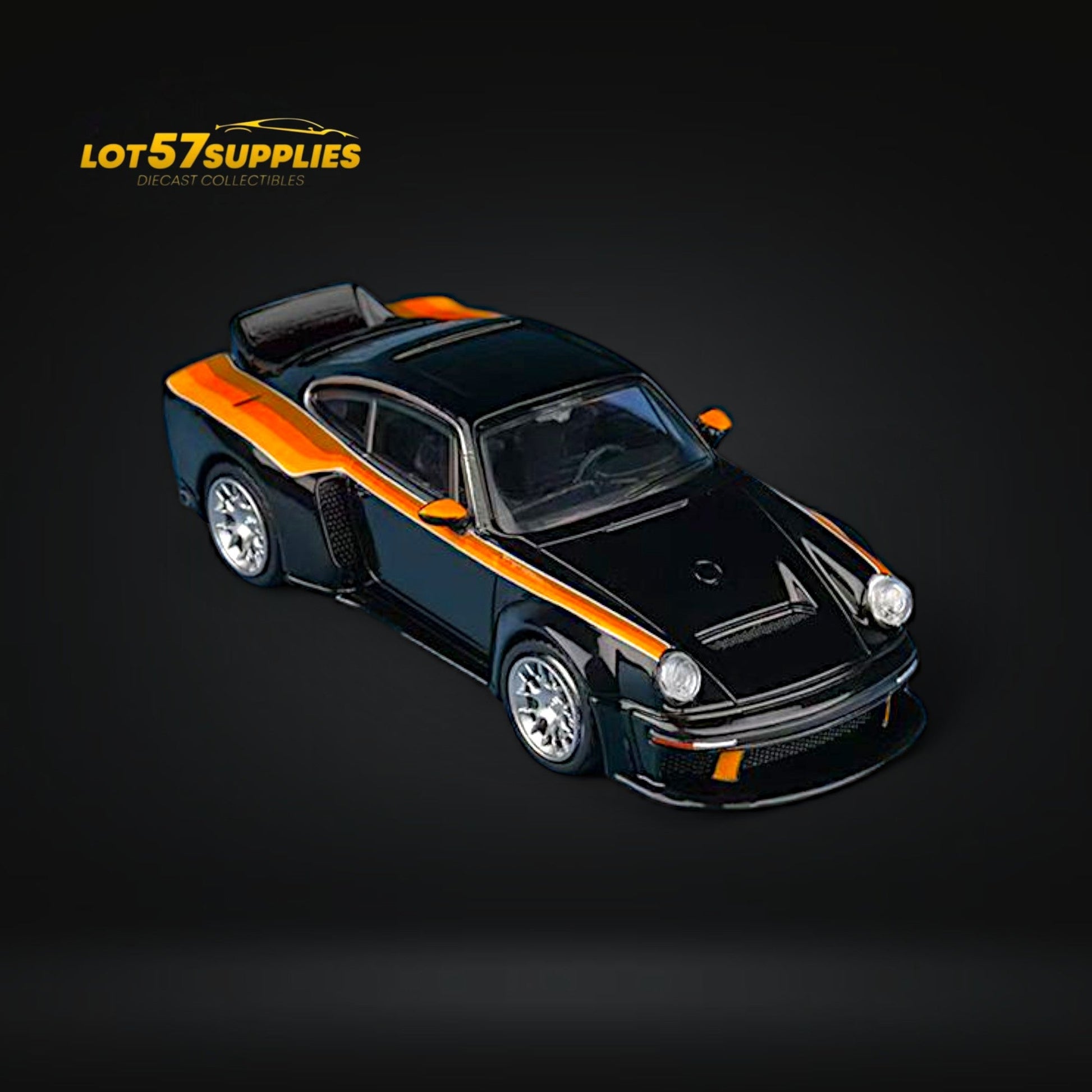 Detailed image of a 1:64 scale Porsche Findclassically Singer DLS Turbo low tail diecast model in bright silver.