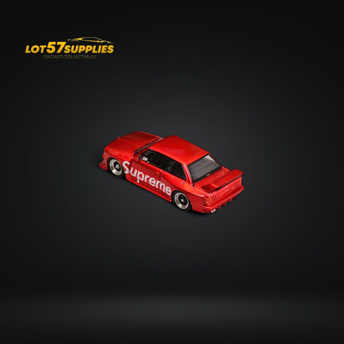 Red livery BMW E30 diecast model car in 1:64 scale by Lot57Supplies Diecast Shop, detailed street weapon design.