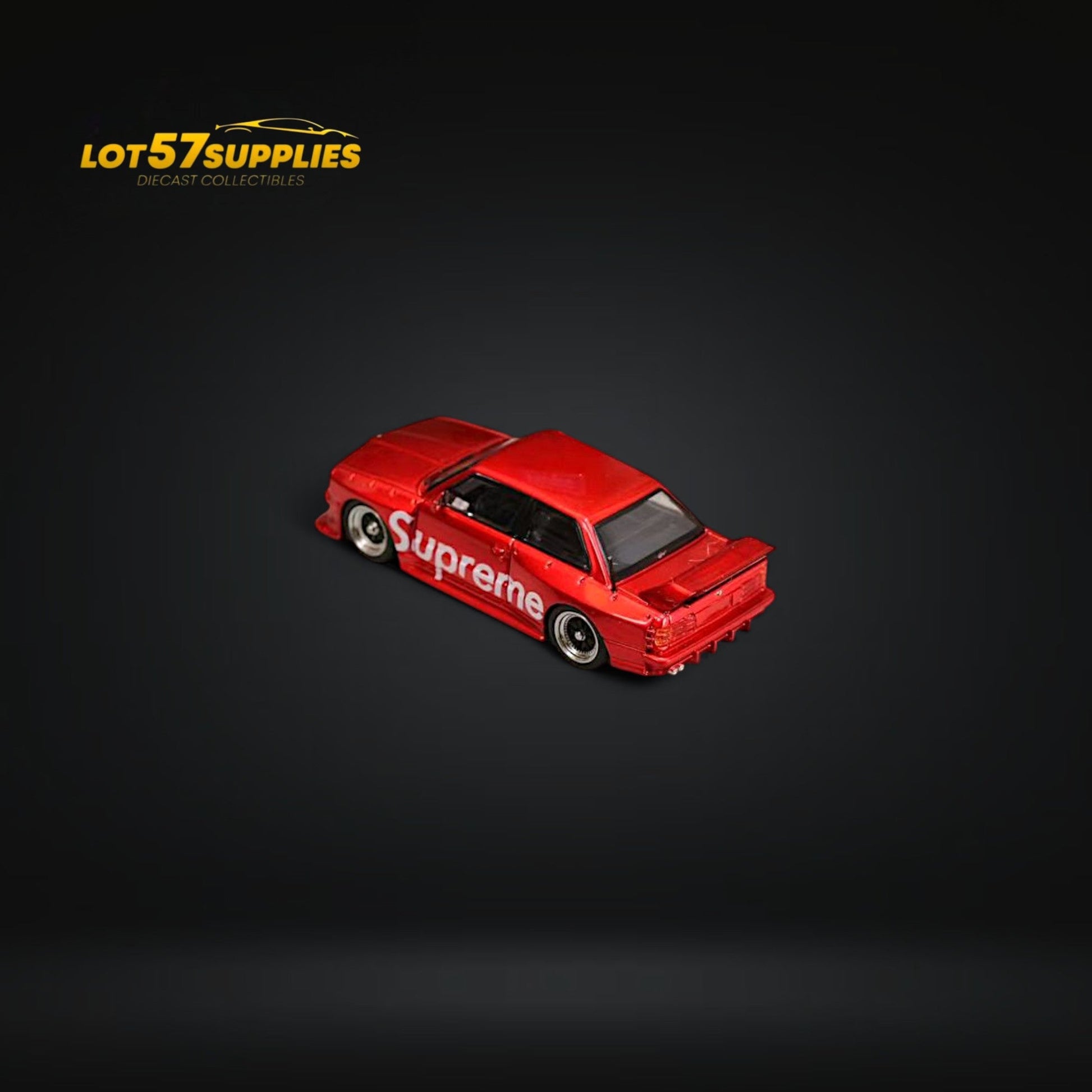 Red livery BMW E30 diecast model car in 1:64 scale by Lot57Supplies Diecast Shop, detailed street weapon design.