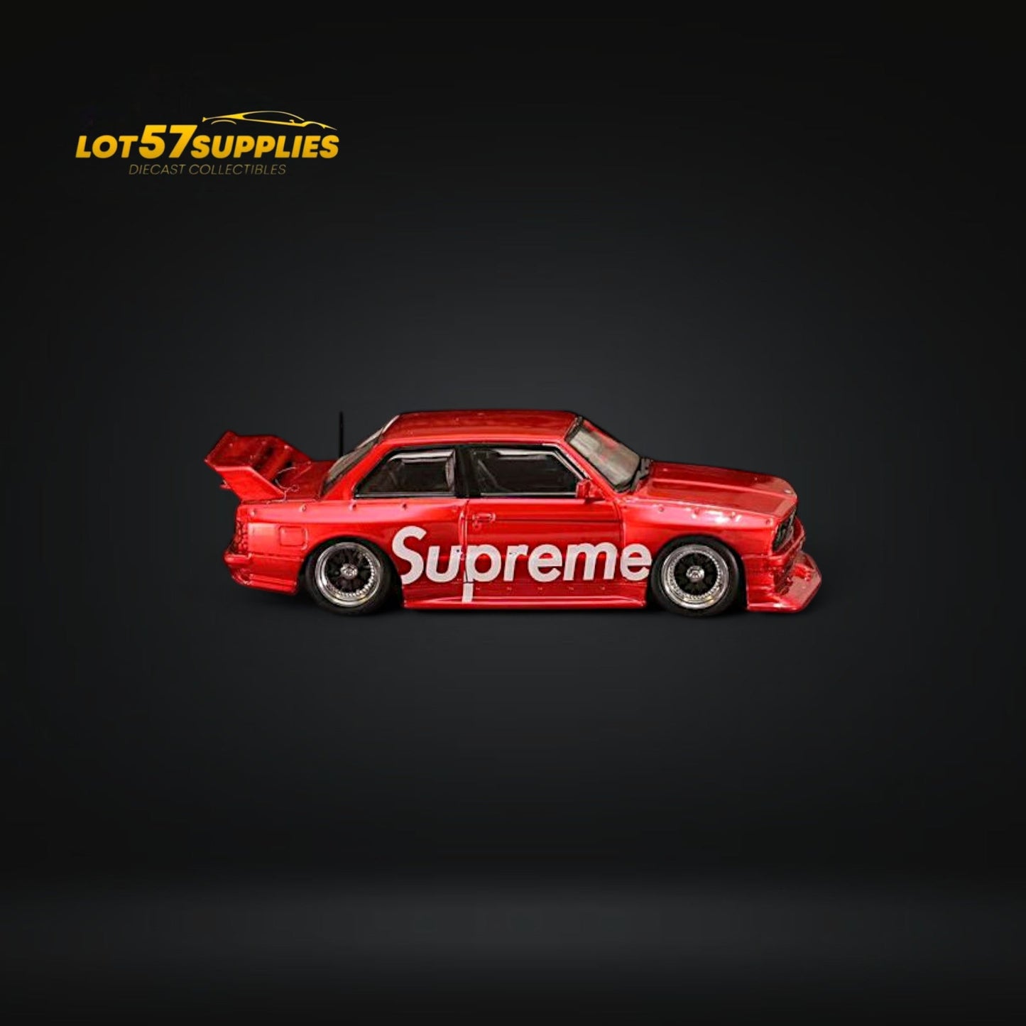 Red livery BMW E30 diecast model car by Street Weapon, 1:64 scale, detailed miniature collectible.