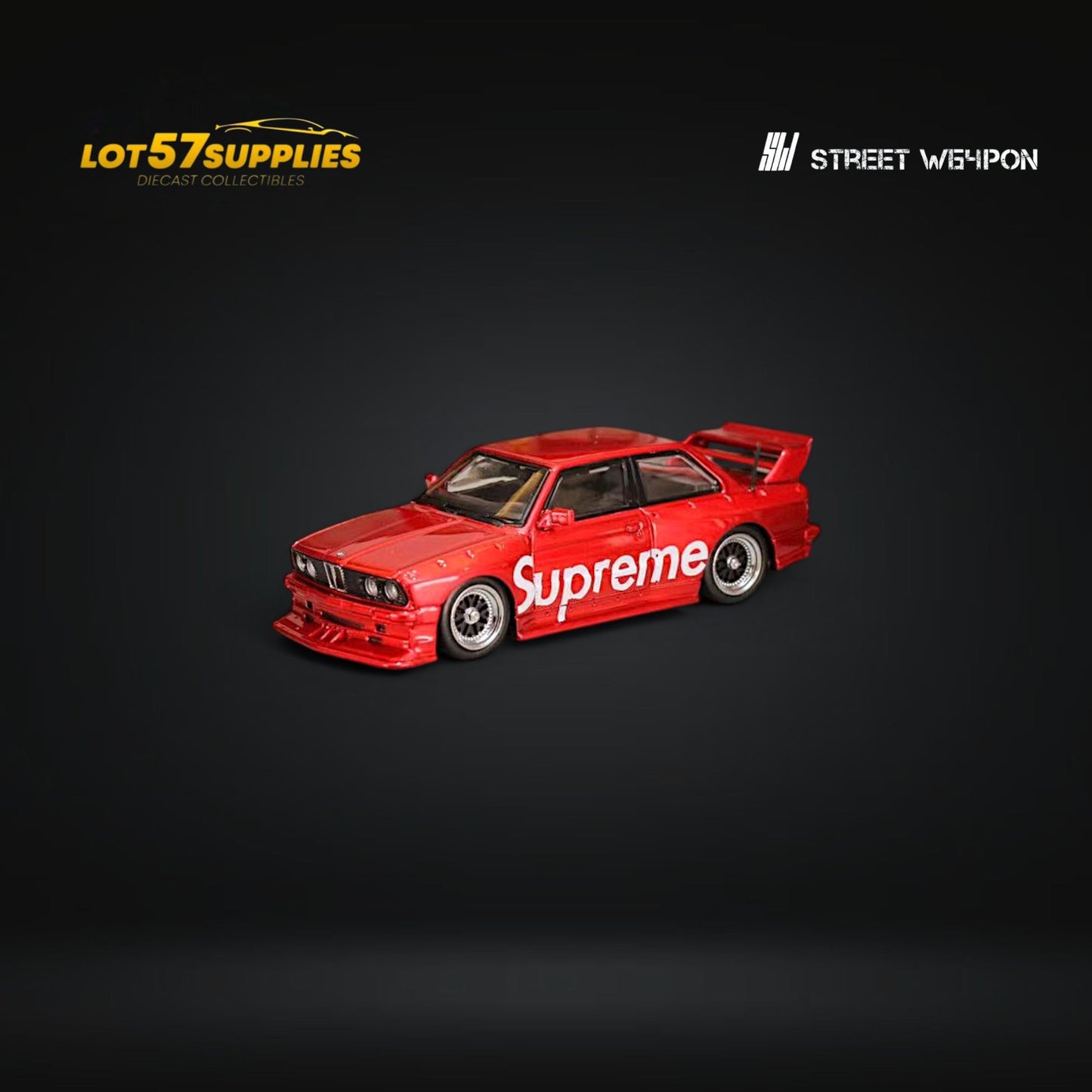 Red livery BMW E30 diecast model car in 1:64 scale from Street Weapon by Lot57Supplies Diecast Shop, detailed miniature vehicle.