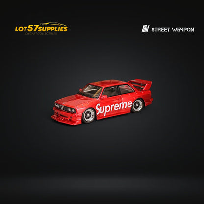 Red livery BMW E30 diecast model car in 1:64 scale from Street Weapon by Lot57Supplies Diecast Shop, detailed miniature vehicle.