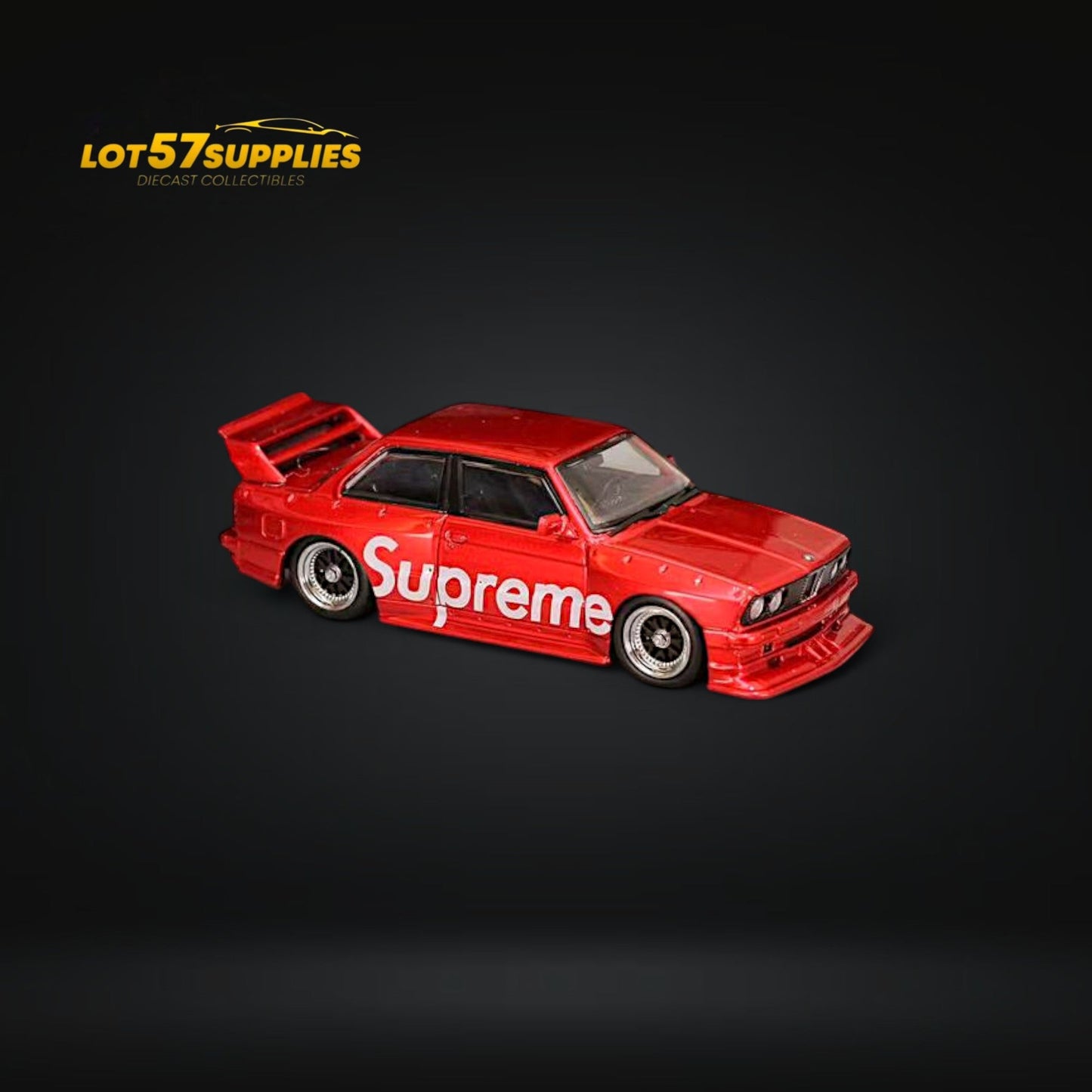 Red BMW E30 diecast model with street weapon livery, 1:64 scale, detailed miniature from Lot57Supplies Diecast Shop.