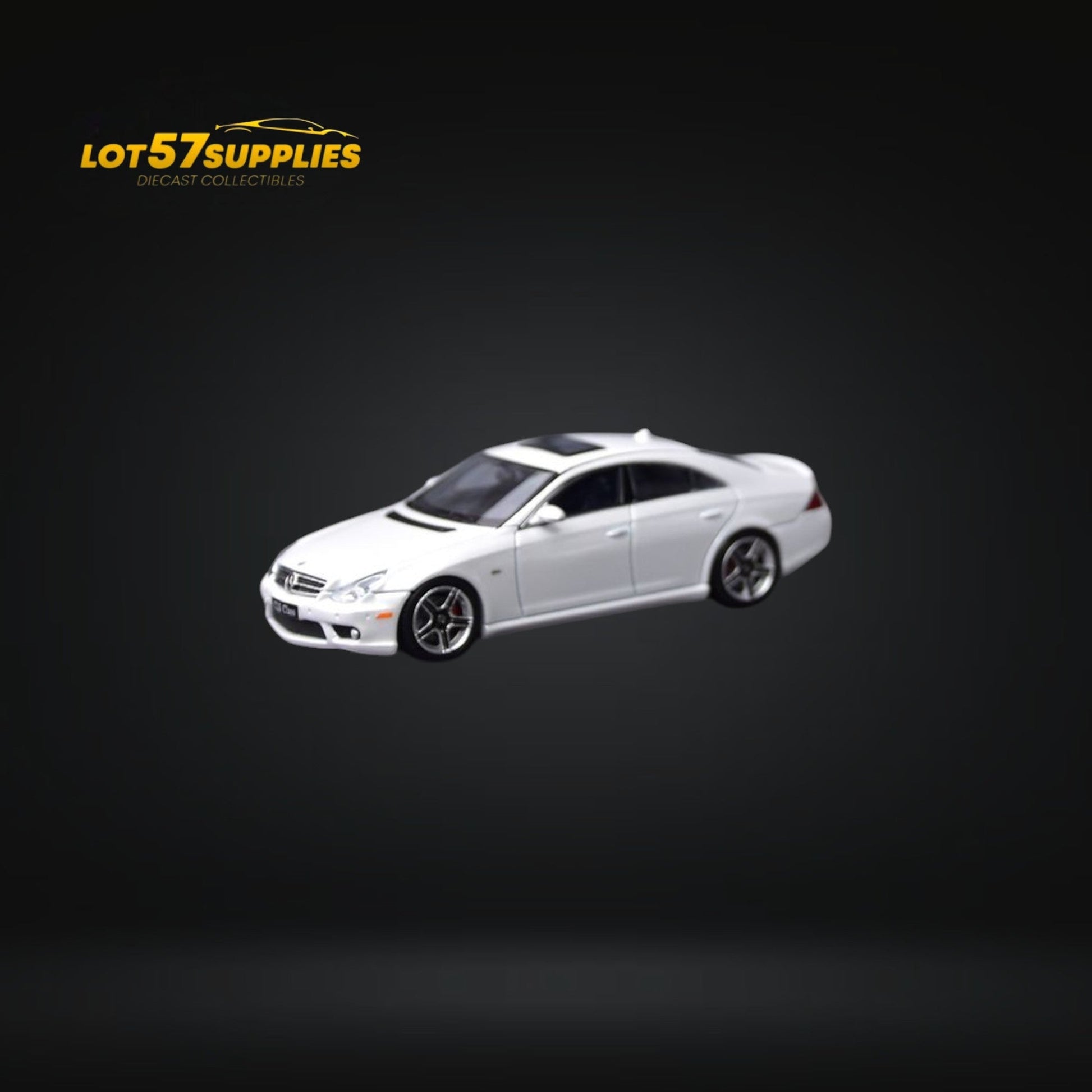 Pearl white Mercedes-Benz Focal Horizon CLS 63 AMG Mk1 C219 diecast car in 1:64 scale, detailed model from Lot57Supplies.