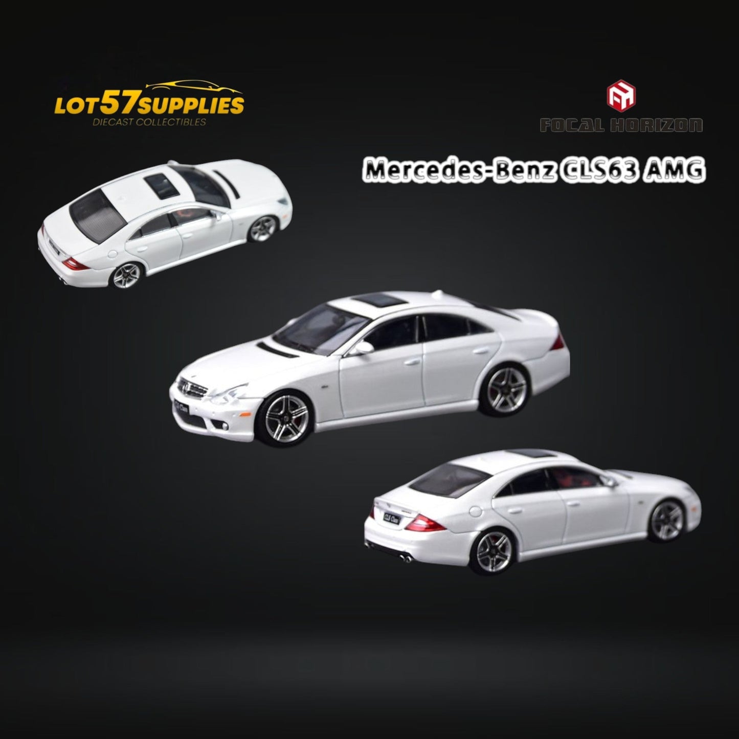 Pearl white Mercedes-Benz Focal Horizon CLS 63 AMG Mk1 C219 diecast model car, detailed miniature replica.