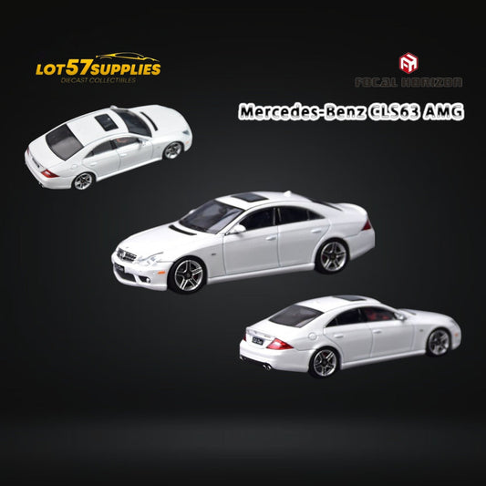 Pearl white Mercedes-Benz Focal Horizon CLS 63 AMG Mk1 C219 diecast model car, detailed miniature replica.